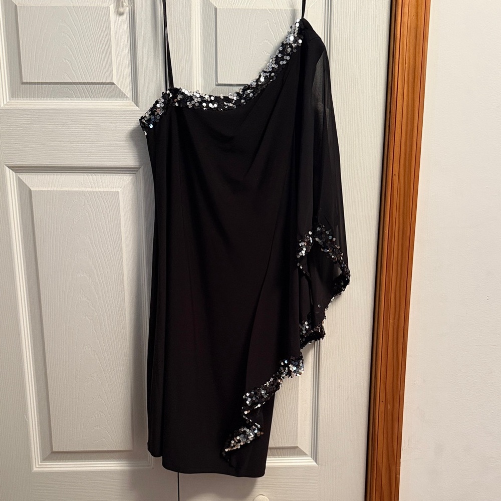 Chic Black Asymmetrical Dress with Sequin Trim